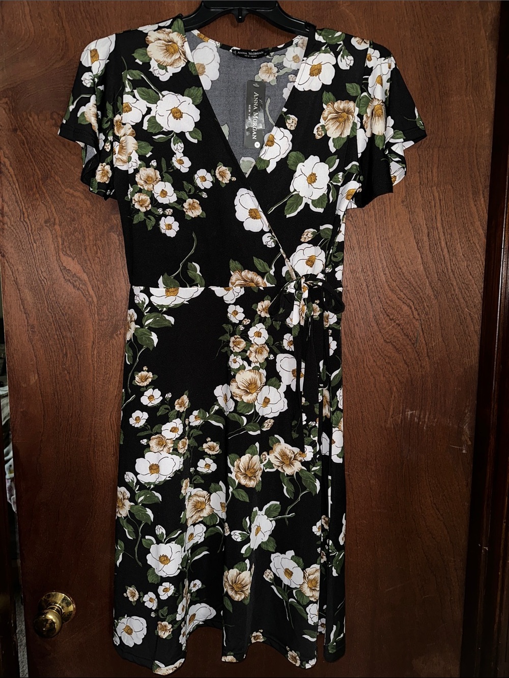 Wrap Midi Dress — Black Floral Print with Cream & Green Accents M